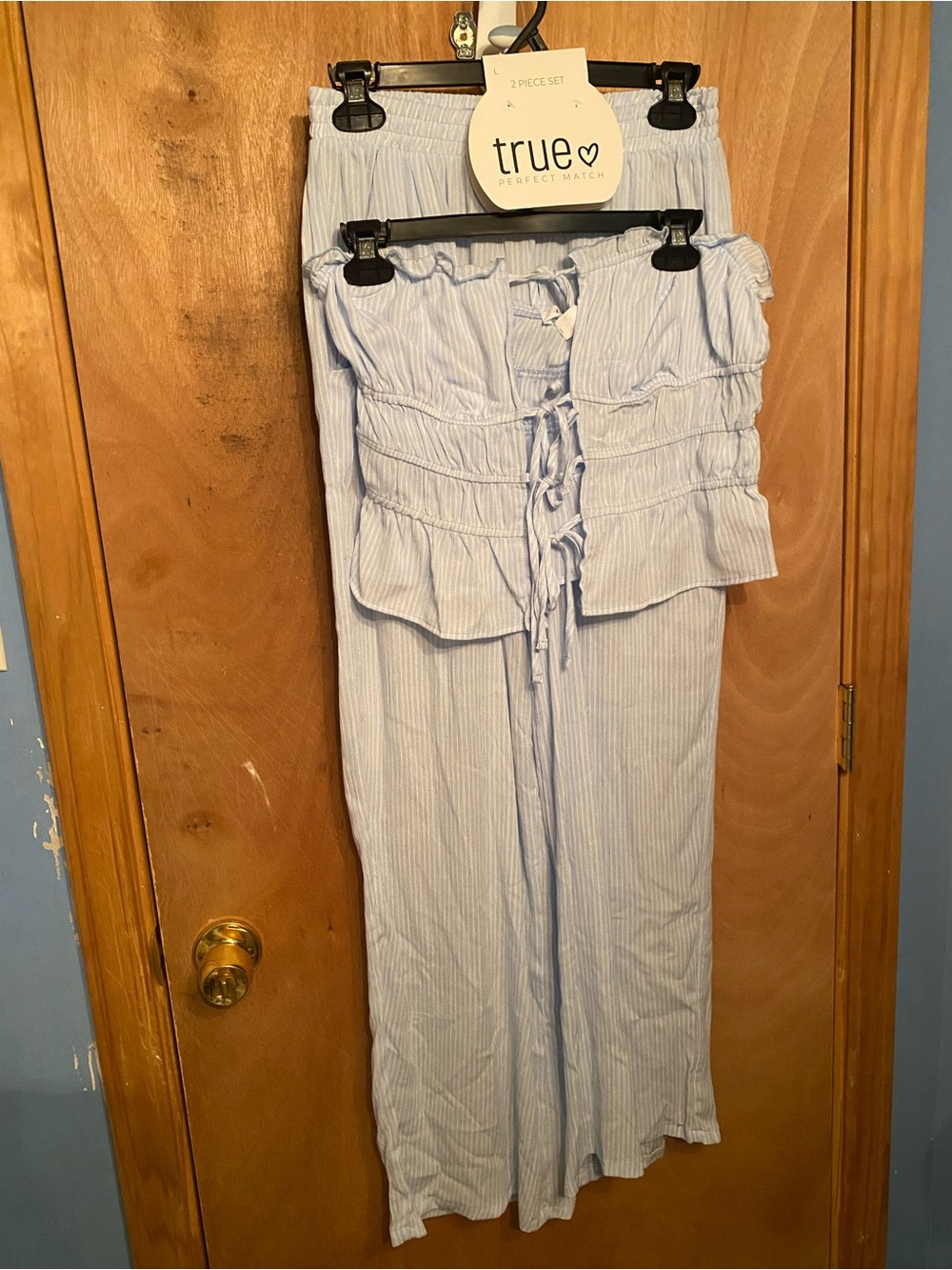 Urban Planet Light Blue Striped set- open front strapless top & pants NWT